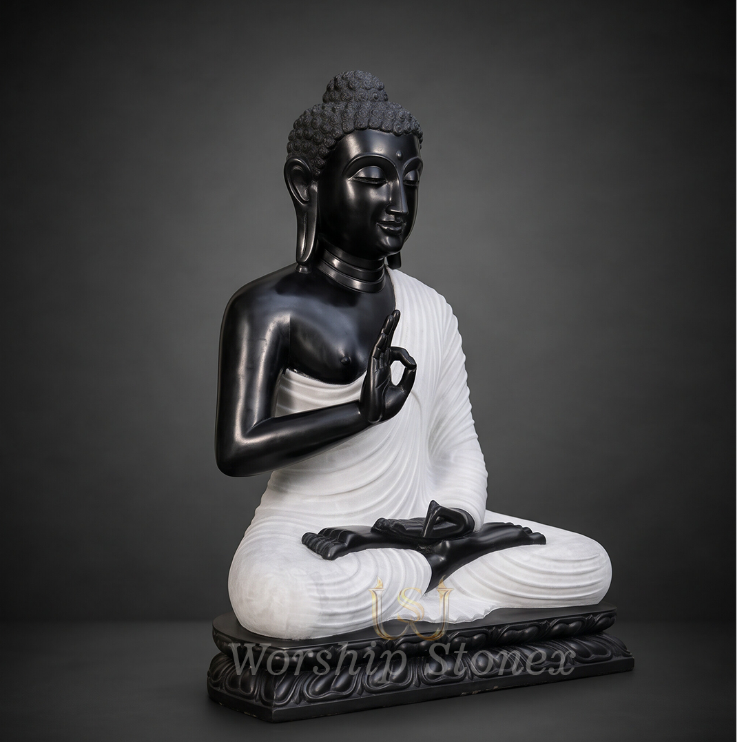 Premium Dual-Tone Marble Vitarka Mudra Buddha Statue