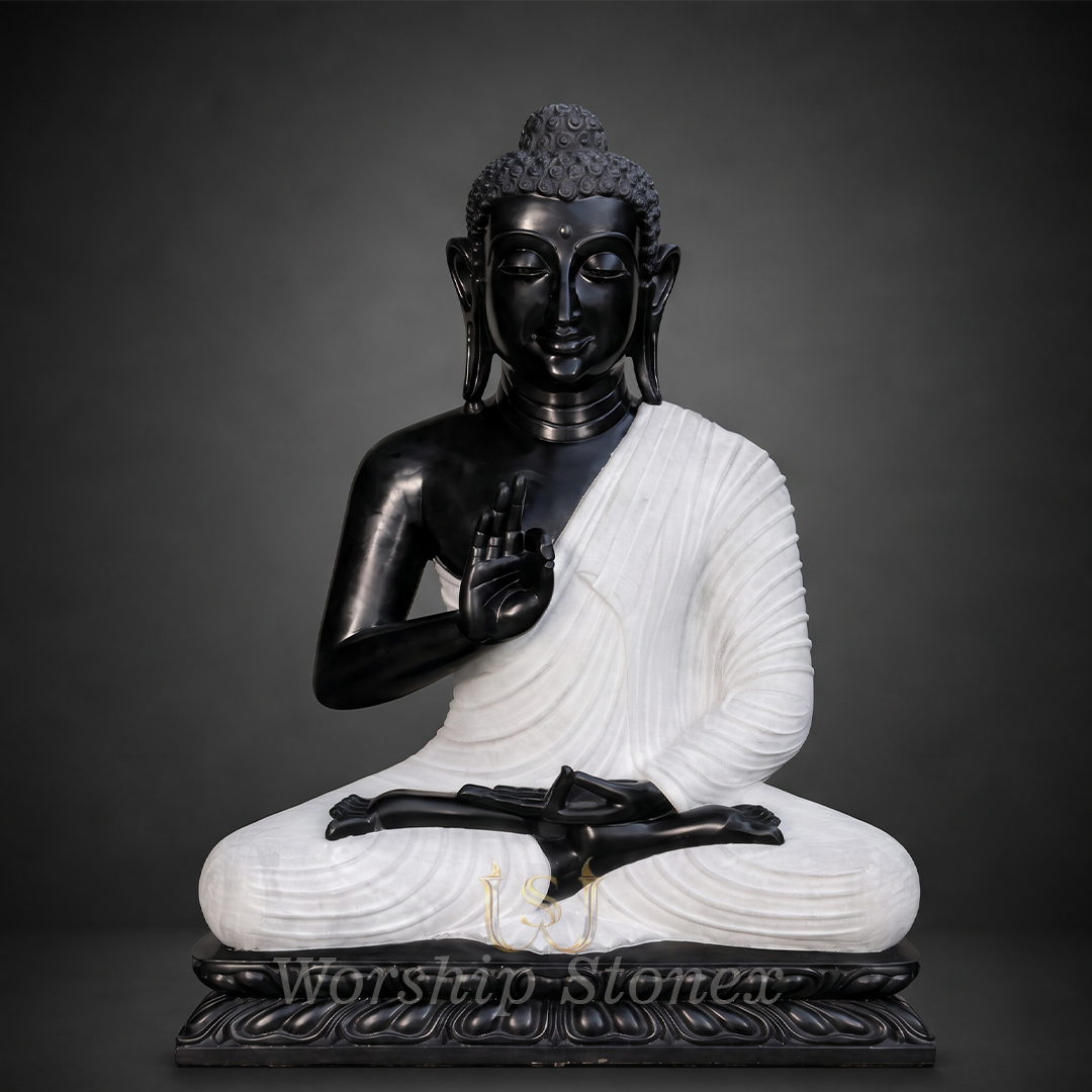 Premium Dual-Tone Marble Vitarka Mudra Buddha Statue