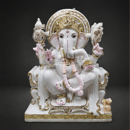 Divine Designer Gold Work White Marble Lord Ganesha Statue