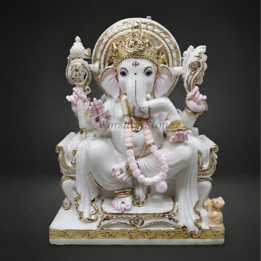 Divine Designer Gold Work White Marble Lord Ganesha Statue