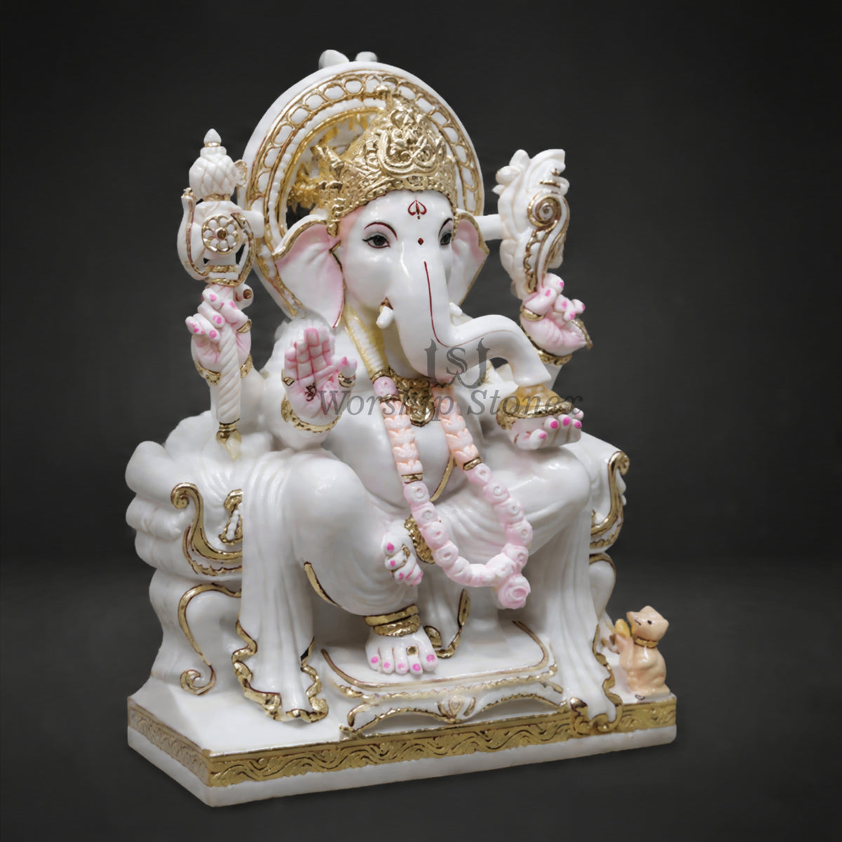Divine Designer Gold Work White Marble Lord Ganesha Statue