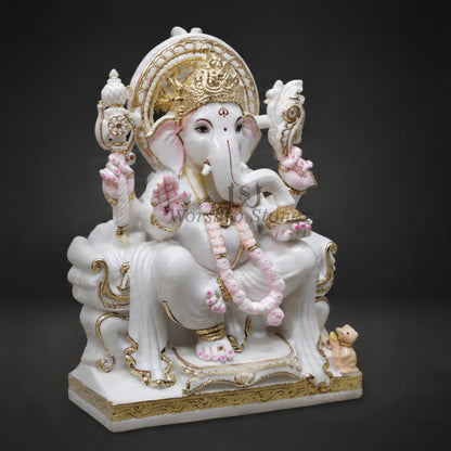 Divine Designer Gold Work White Marble Lord Ganesha Statue