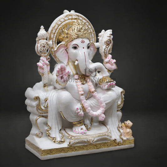 Divine Designer Gold Work White Marble Lord Ganesha Statue