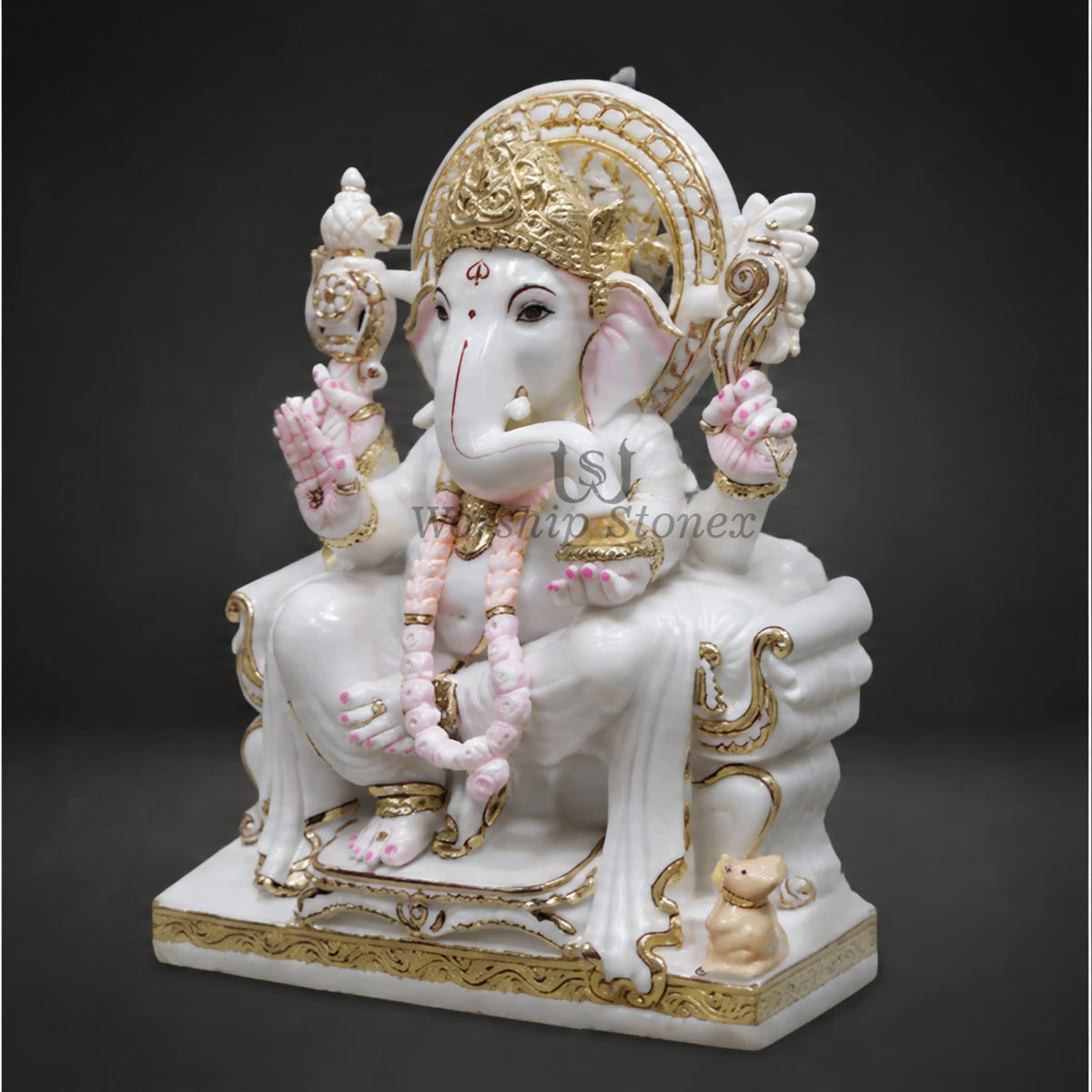 Divine Designer Gold Work White Marble Lord Ganesha Statue