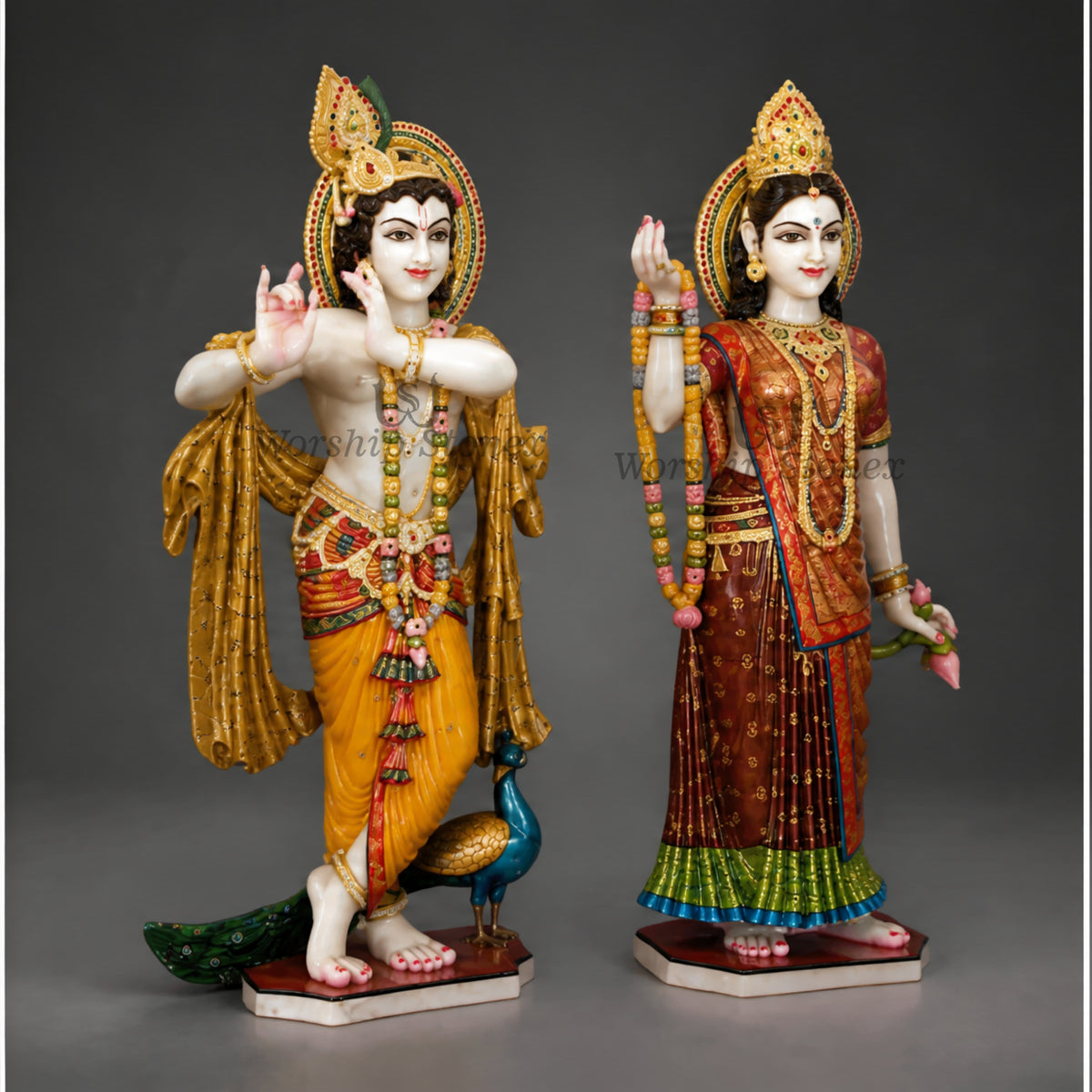 6 inch to 30 inch makrna White Marble Radha Krishna Statue,Idol,moorti Set – Standing Pair Idol with Rich Traditional Colors and Gold Work