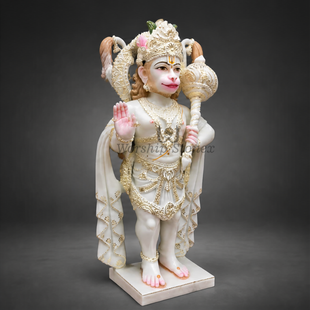12 inch Standing Lord Hanuman Ji Vietnam White Marble Murti (Gold Embossed Finish)