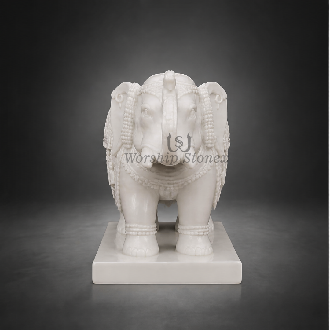 20 inch Royal Hand-Carved Vietnam White Marble Elephant Statue (Gaja)