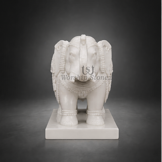 20 inch Royal Hand-Carved Vietnam White Marble Elephant Statue (Gaja)