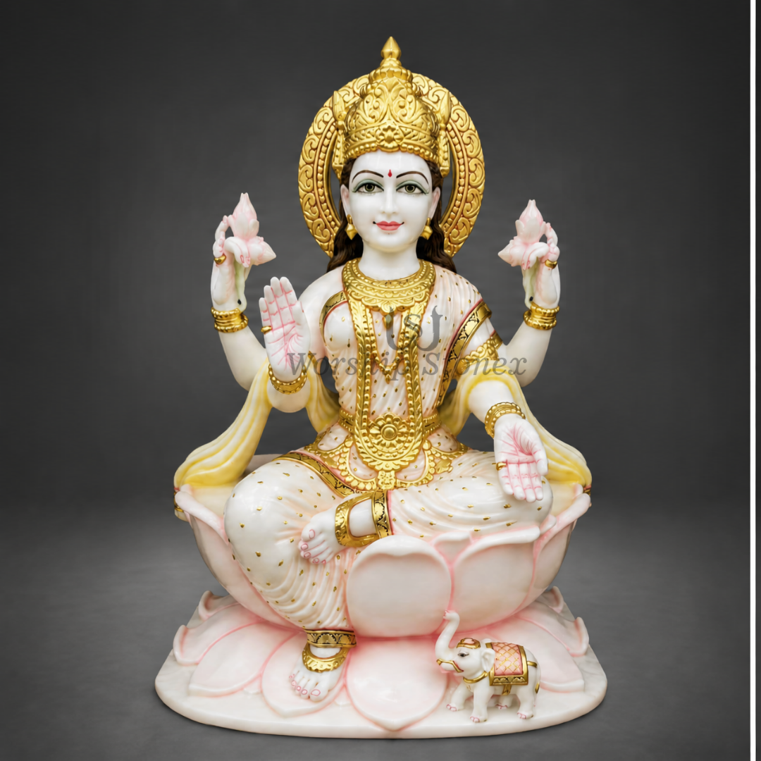 15 inch Seated Goddess Lakshmi Makrana White Marble Murti,idol,statue (Gold Embossed & Pink Lotus Base