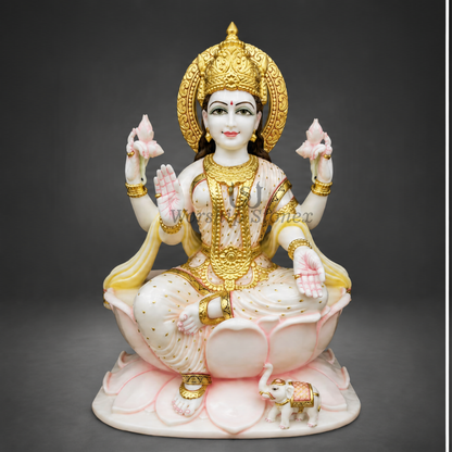 15 inch Seated Goddess Lakshmi Makrana White Marble Murti,idol,statue (Gold Embossed & Pink Lotus Base