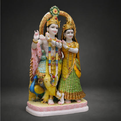 12 inch White Marble Radha Krishna with Peacock