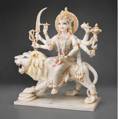 24 inch Maa Durga (Sherawali) Vietnam White Marble Murti (Gold Embossed Finish)
