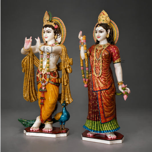 6 inch to 30 inch makrna White Marble Radha Krishna Statue,Idol,moorti Set – Standing Pair Idol with Rich Traditional Colors and Gold Work
