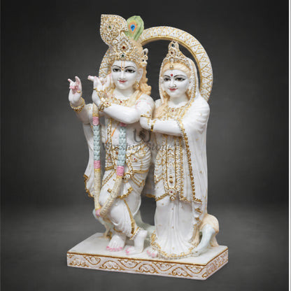 6 inch to 24 inch Makrana Marble Radha Krishna Murti with Intricate Gold Detailing