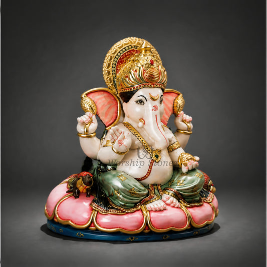 6 inch to 36 inch Makrana White Marble Lord Ganesha Statue – Seated Pink Lotus Vinayaka Idol with Royal Gold and Colored Painting