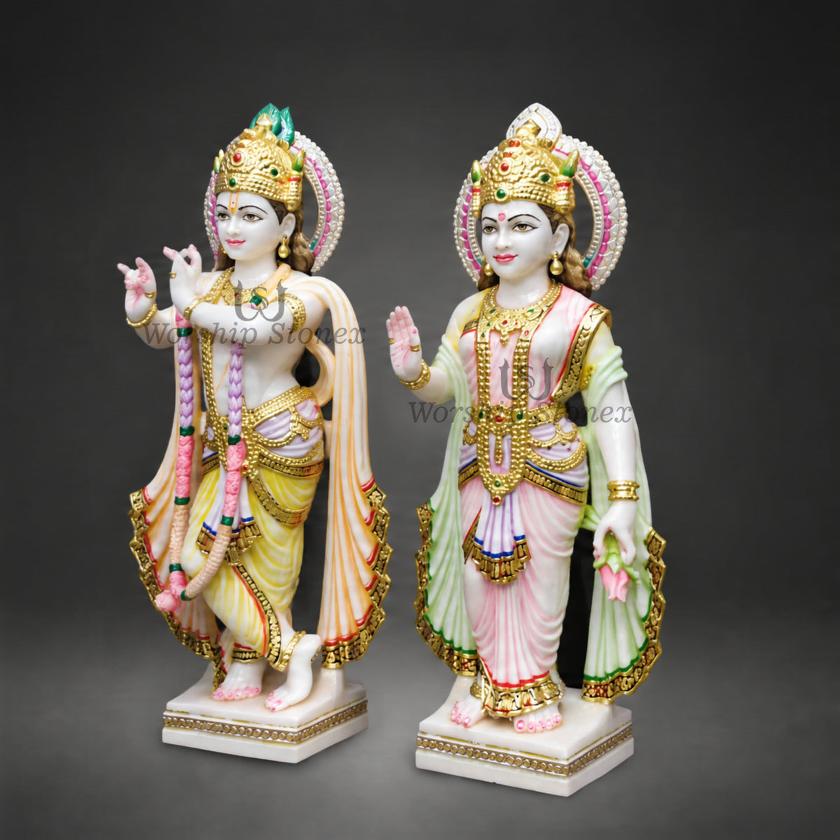 6 to 30 Inches Vietnam White Marble Radha Krishna Statue Set – Standing Pair Idol with Fine Gold and Pastel Painting