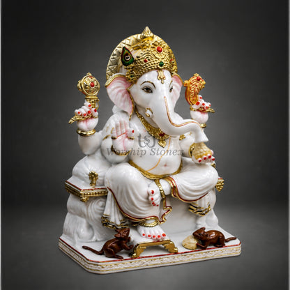 6' to 18' Royal White Marble Ganesha Murti – Gold & Red Handcrafted Ganesh Idol