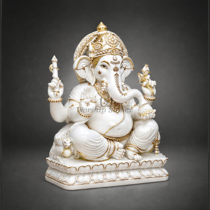 6' to 18' White Marble Lord Ganesha Murti with Golden Detailing