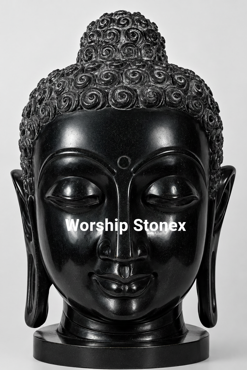 15 Inch Handcrafted Black Marble Buddha Head Statue |  Glossy Finish Meditation & Home Decor Sculpture