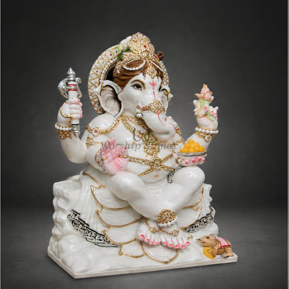 15-Inch Makrana White Marble Seated Ganesha Idol with Kundan and Gold Painting Work