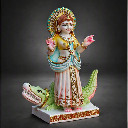 18 inch Vietnam White Marble Khodiyar Mata Statue – Standing Goddess Idol on Green Crocodile Vahana with Gold Work