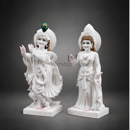 12 Inch Makrana Marble Radha Krishna Statue | Handmade Radha Krishna Murti for Home Temple