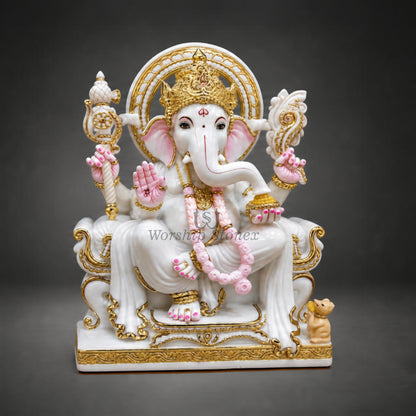 18 Inch White Marble Lord Ganesha Moorti with Golden and Pink Detailing