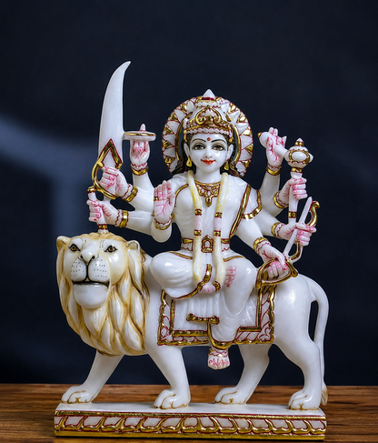 12 inch Marble Durga maa Idol with Gold Work
