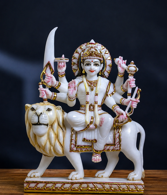 12 inch Marble Durga maa Idol with Gold Work