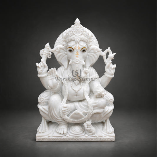12 inch Pure White Marble Seated Ganesha Statue