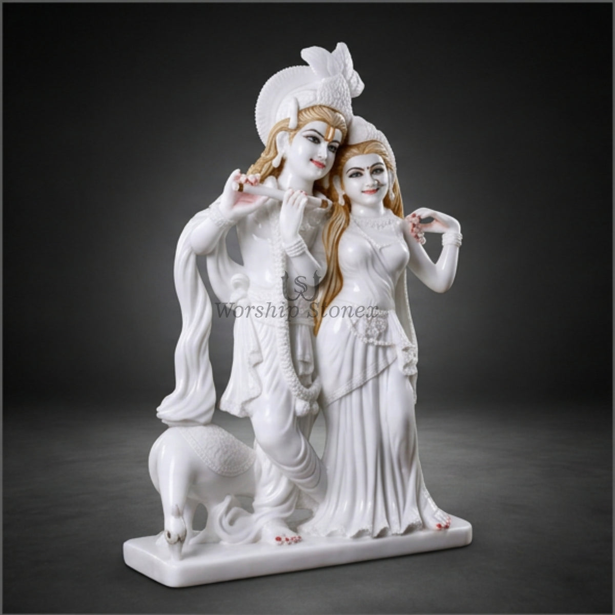 24 Inch White Marble Radha Krishna Moorti - Modern Standing Couple Statue