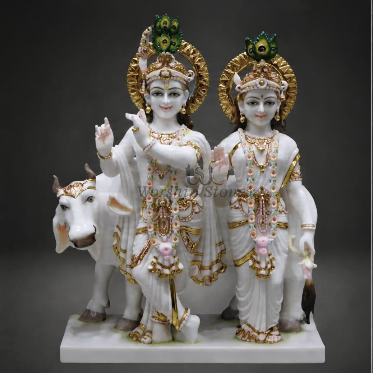 18 inch White Marble Radha Krishna Statue Set with Cow – Standing Pair Idol with Gold Work and Peacock Crests