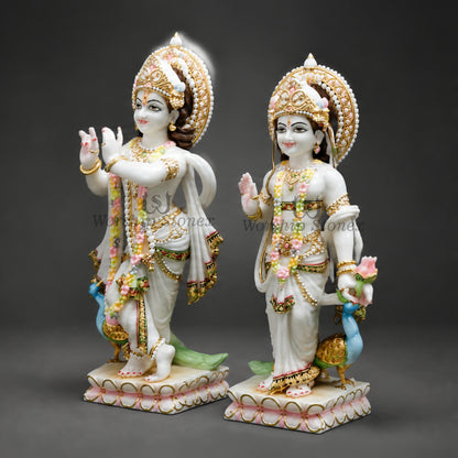 18 Inch White makrana(Indian marble) Radha Krishna Moorti,idol,statue Pair with Golden and Multicolour Work