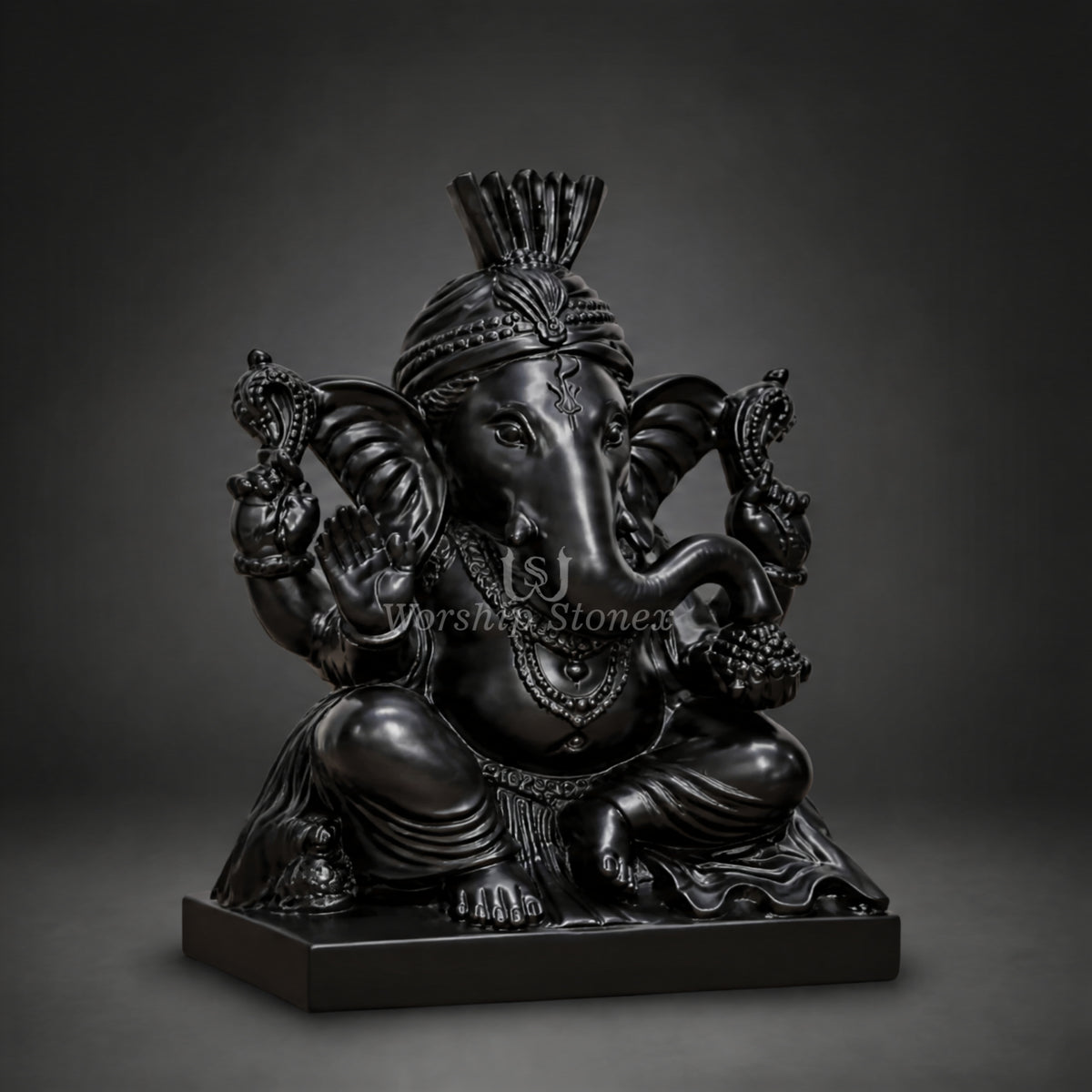 12 inch Premium Black Marble Lord Ganesha Statue with Pagdi