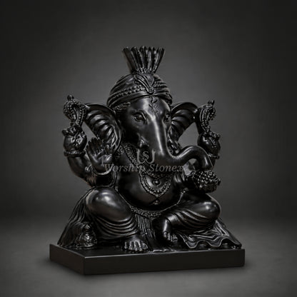 12 inch Premium Black Marble Lord Ganesha Statue with Pagdi