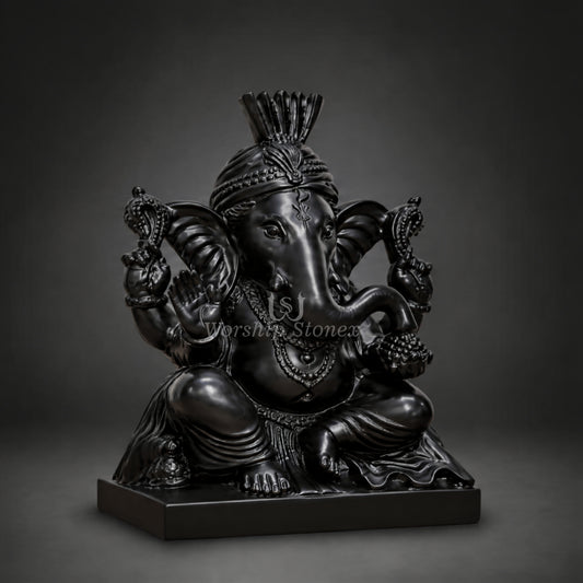 12 inch Premium Black Marble Lord Ganesha Statue with Pagdi