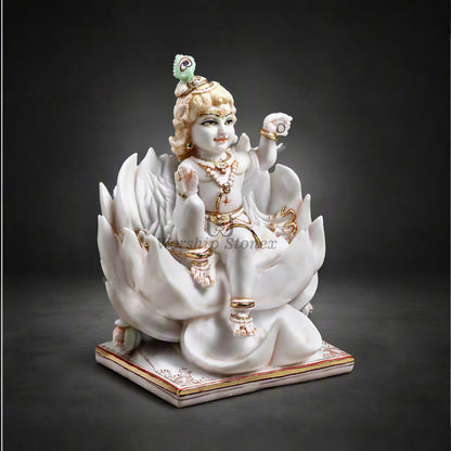 15 Inch White Marble Bal Krishna Moorti - Lotus Seated Idol