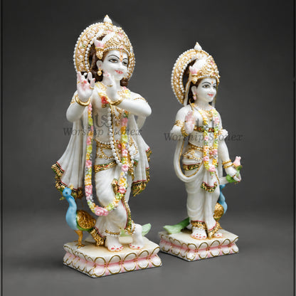 18 Inch White makrana(Indian marble) Radha Krishna Moorti,idol,statue Pair with Golden and Multicolour Work