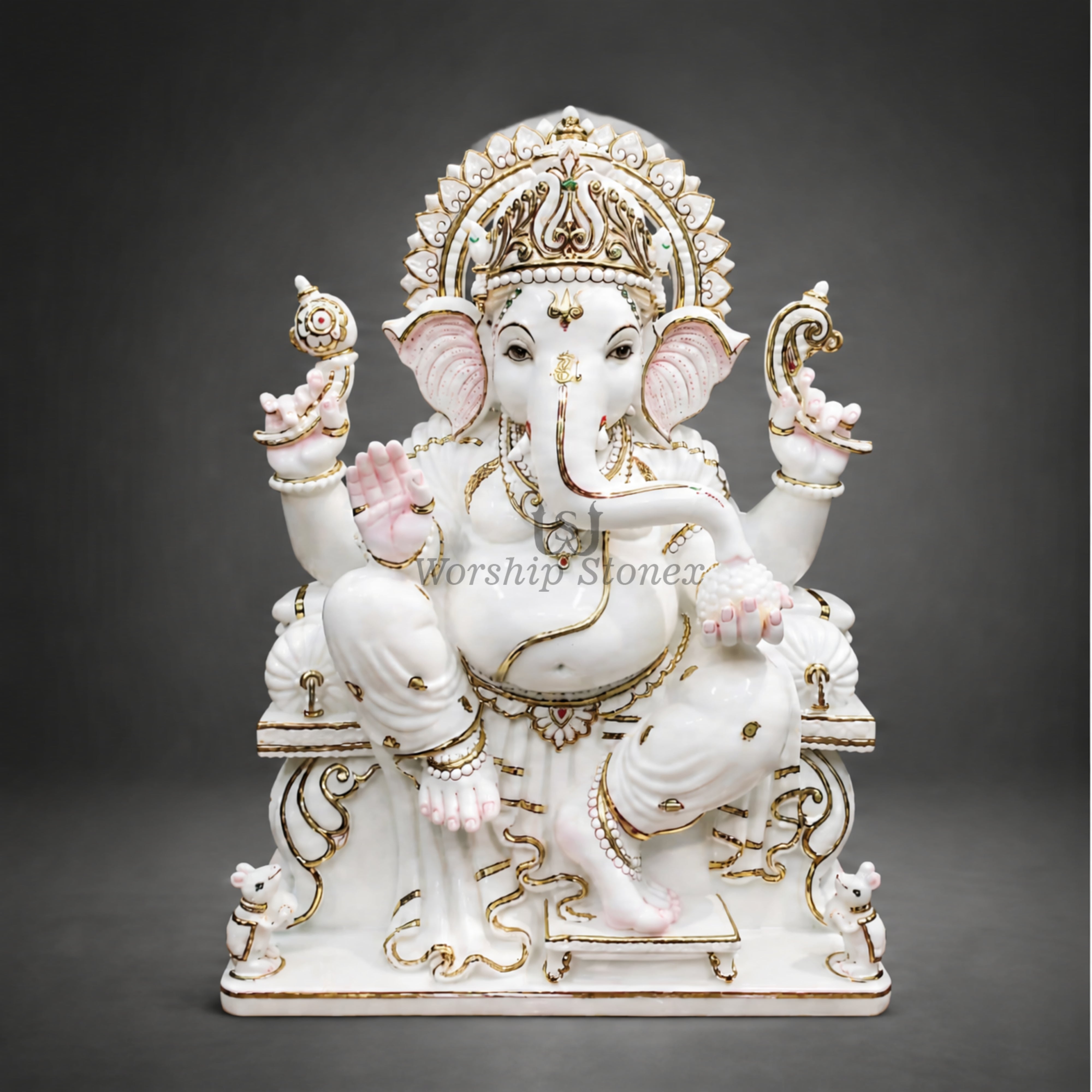 6 to 24 inch White Makrana Marble Ganesha Statue on Ornate Throne with Gold Outlines