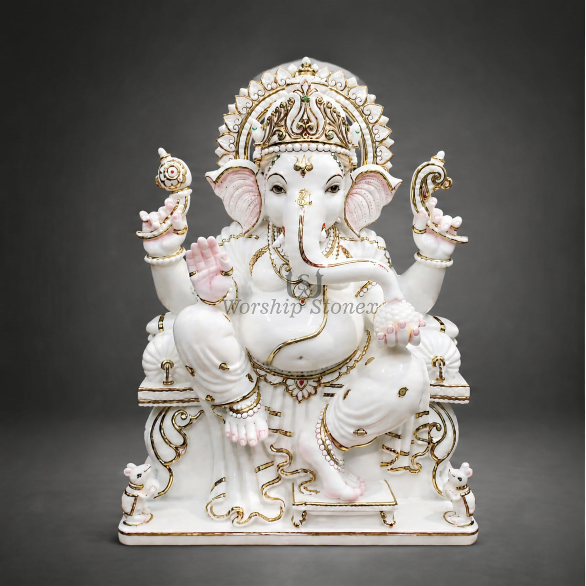 6 to 24 inch White Makrana Marble Ganesha Statue on Ornate Throne with Gold Outlines