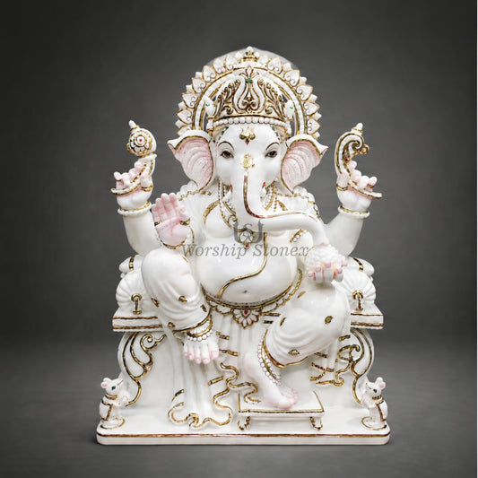 6 to 24 inch White Makrana Marble Ganesha Statue on Ornate Throne with Gold Outlines