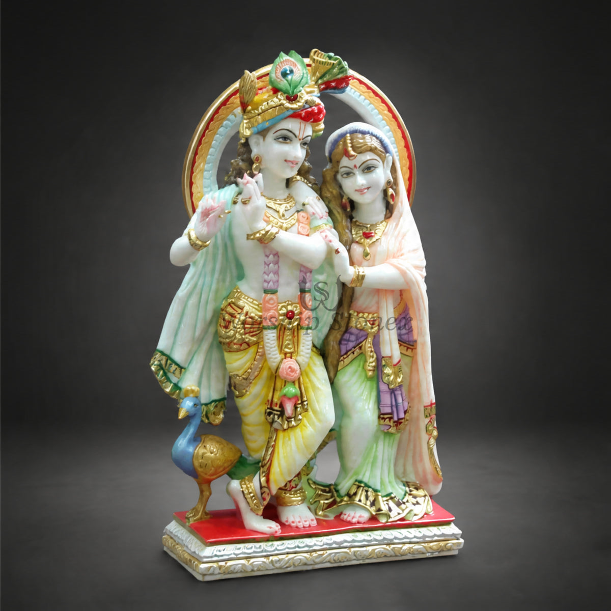 Radha Krishna Marble Statue with Peacock Feather Crown, Flute, Radha Krishna Idol with Peacock & Decorative Arch | Handcrafted Marble Murti