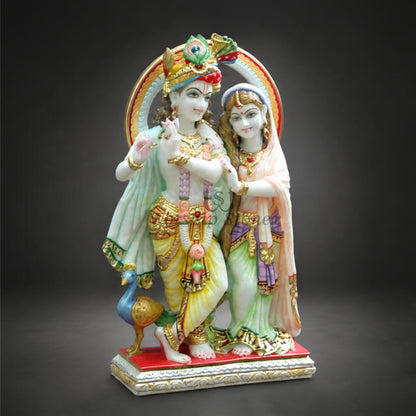 Radha Krishna Marble Statue with Peacock Feather Crown, Flute, Radha Krishna Idol with Peacock & Decorative Arch | Handcrafted Marble Murti