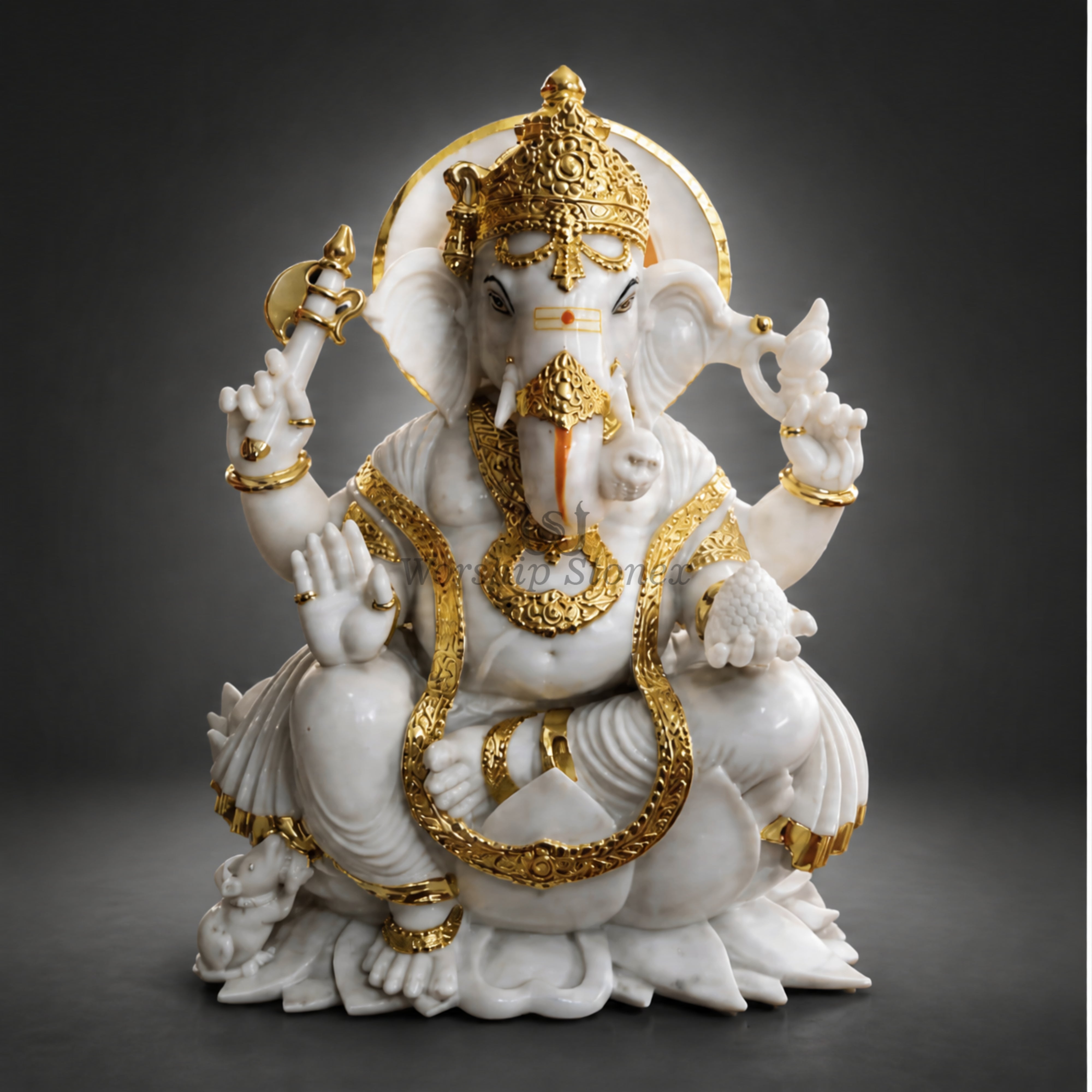 Handcrafted Pure White Marble Lord Ganesha Idol – Sitting Vinayaka Murti with Gold Work
