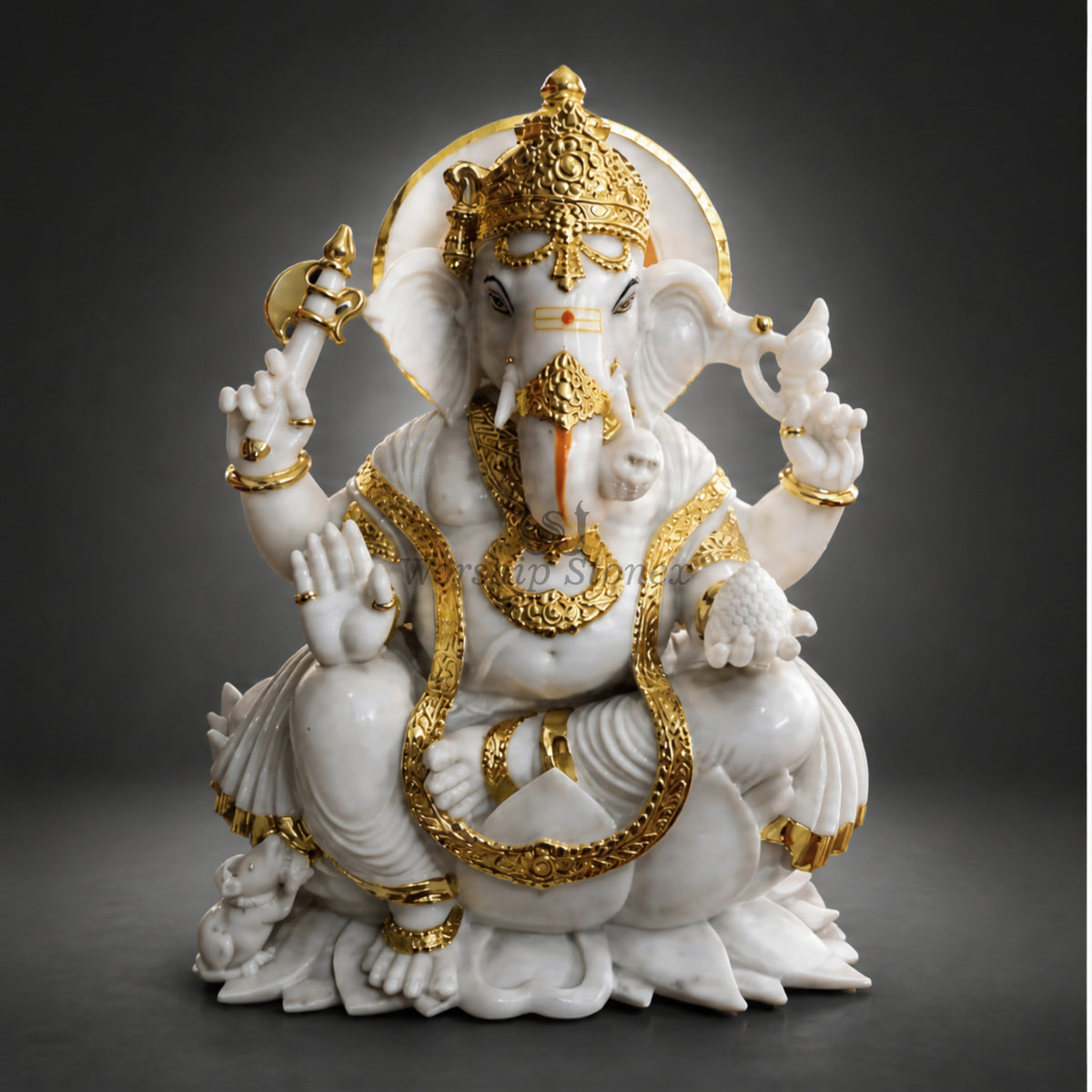 Handcrafted Pure White Marble Lord Ganesha Idol – Sitting Vinayaka Murti with Gold Work