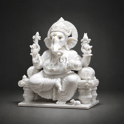 6' to 18' White Marble Lord Ganesha Murti – Premium Seated Design