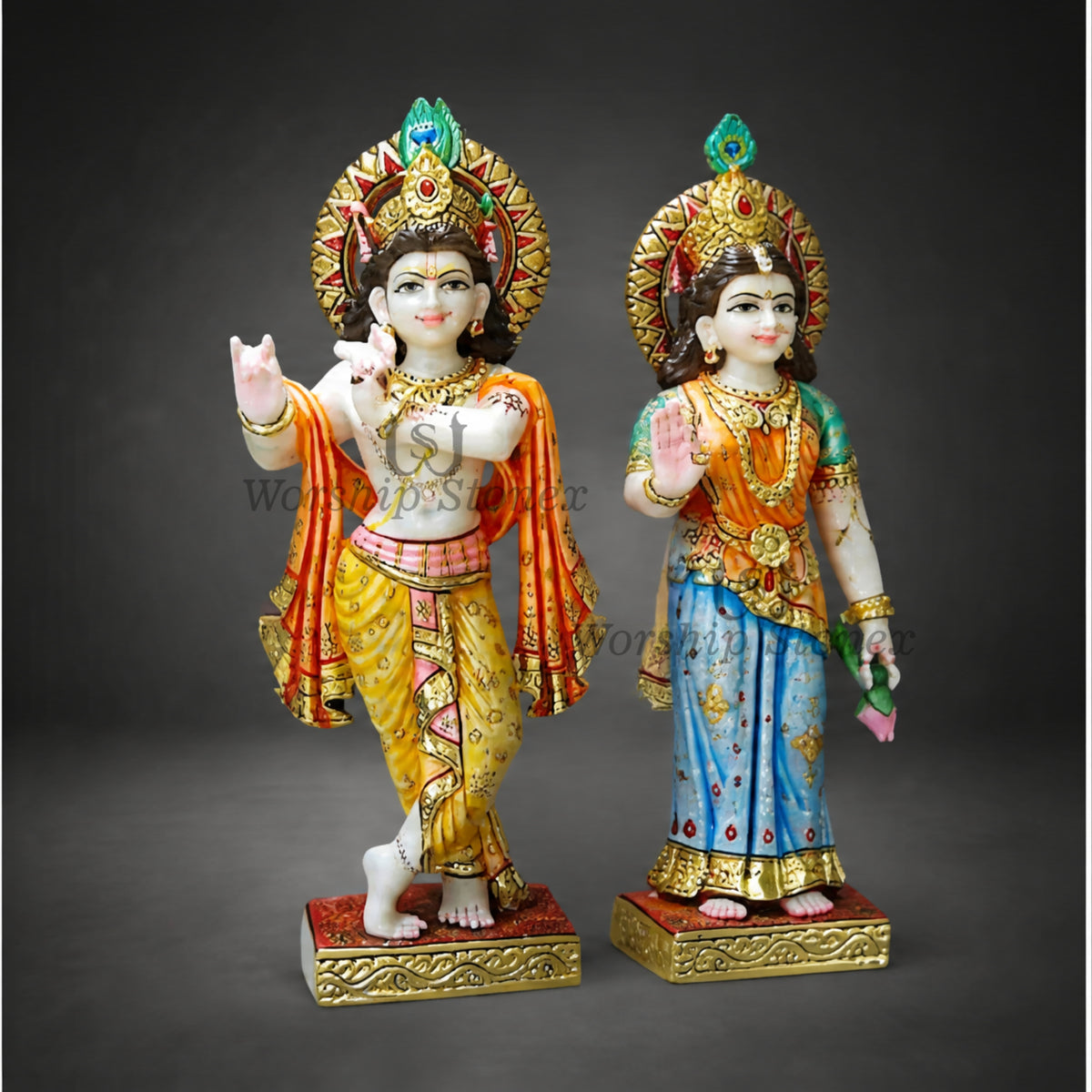 Colorful Marble Radha Krishna Statue | Handcrafted Radha Krishna Murti in Makrana Marble