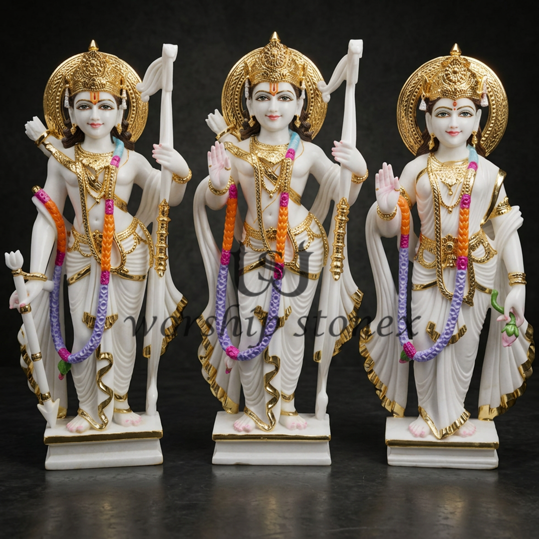 18 Inch Premium Makrana Marble Ram Darbar Statue Set – Lord Ram, Lakshman & Goddess Sita | Handcrafted with Gold Detailing
