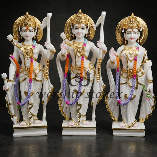 18 Inch Premium Makrana Marble Ram Darbar Statue Set – Lord Ram, Lakshman & Goddess Sita | Handcrafted with Gold Detailing
