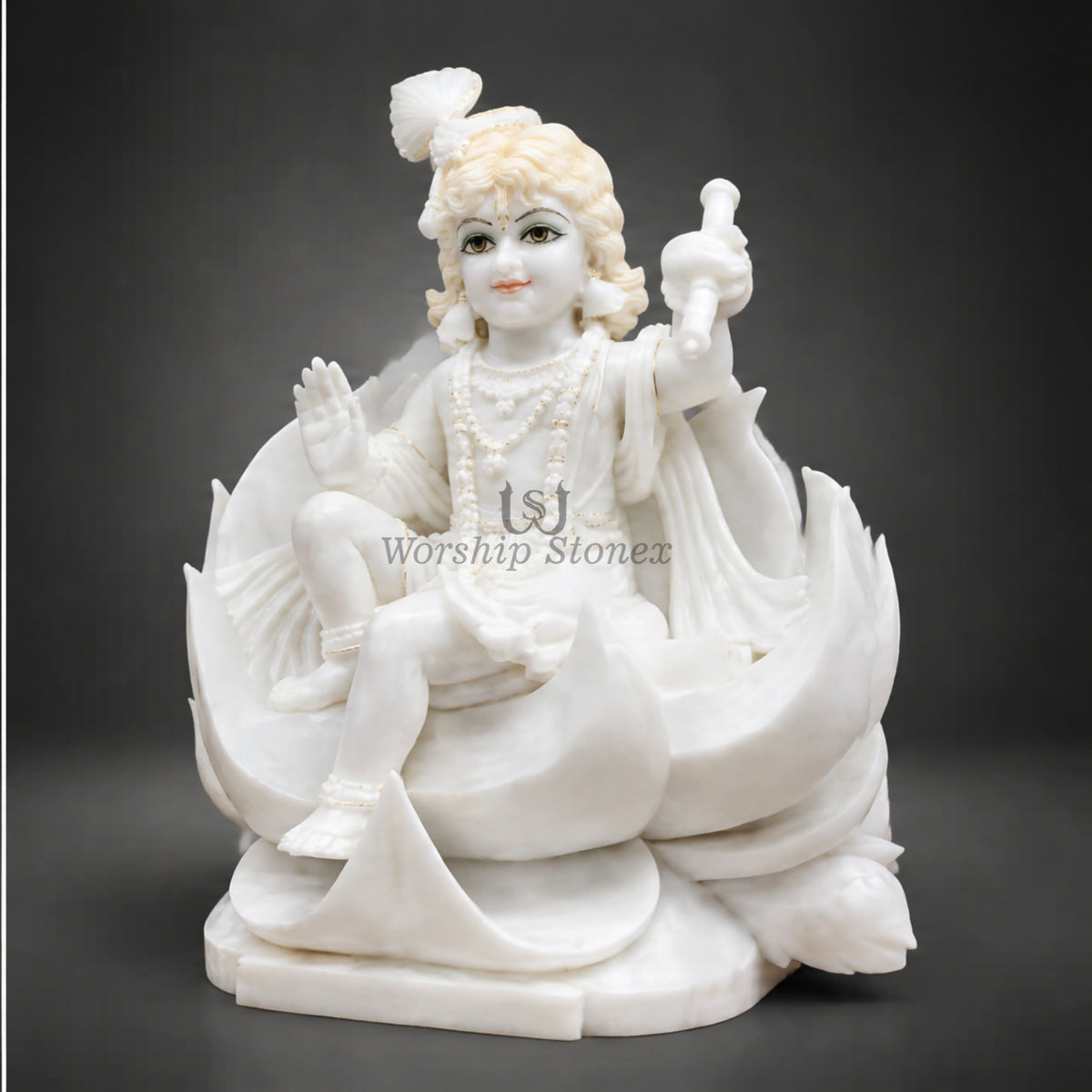 15-Inch Pure White Makrana Marble Laddu Gopal Krishna Murti Seated on Lotus